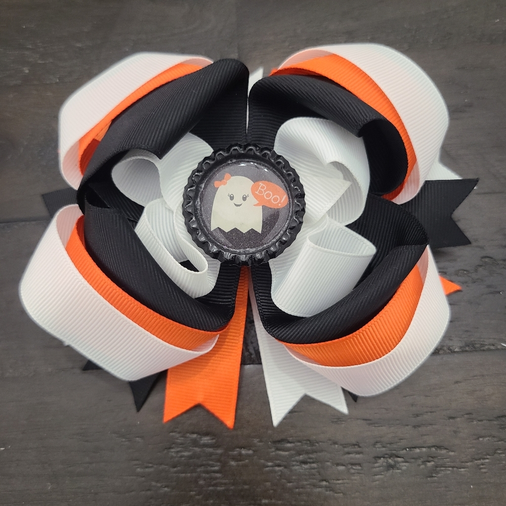 👻 New Handmade Ghost "Boo!" Halloween Hair Bow 5.5" Stacked Boutique Hair Clip